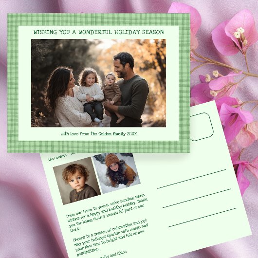 Chic Gingham Green Christmas Custom 3 Foto Feestdagenkaart
