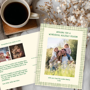 Chic Gingham Green Christmas Custom 3 Foto Feestdagenkaart