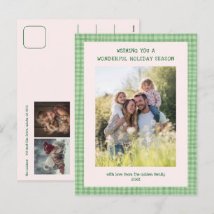 Chic Gingham Green Christmas Custom 3 Foto Feestdagenkaart