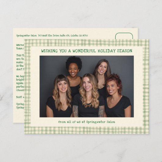 Chic Gingham Green Christmas Custom Business Feestdagenkaart (Voorkant / Achterkant)