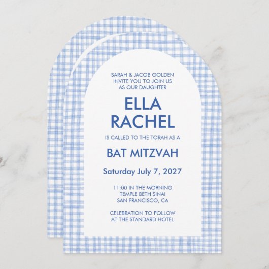 Chic Gingham Modern Custom QR Bat Bar Mitzvah Arch Kaart (Voorkant / Achterkant)