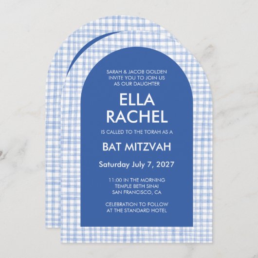 Chic Gingham Modern Custom QR Bat Bar Mitzvah Arch Kaart (Voorkant / Achterkant)