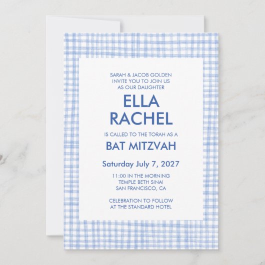 Chic Gingham Modern Custom QR CODE Bat Bar Mitzvah Kaart (Voorkant)