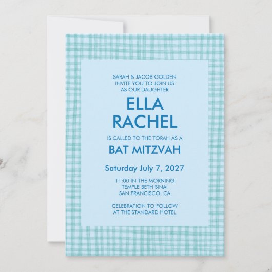 Chic Gingham Modern Custom QR CODE Bat Bar Mitzvah Kaart (Voorkant)