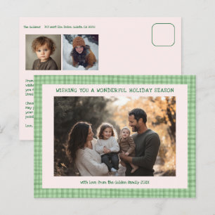 Chic Gingham Pink Green Christmas Custom 3 Foto Feestdagenkaart