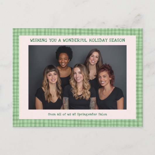 Chic Gingham Pink Green Christmas Custom Business  Feestdagenkaart (Voorkant)