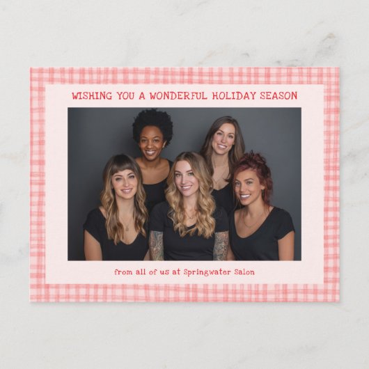 Chic Gingham Pink Red Christmas Custom Business Feestdagenkaart (Voorkant)