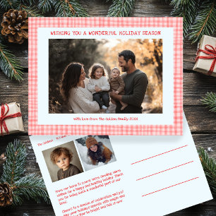 Chic Gingham Roze Blauw Kerstmis Custom 3 Foto Feestdagenkaart