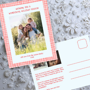 Chic Gingham Roze Blauw Kerstmis Custom 3 Foto Feestdagenkaart