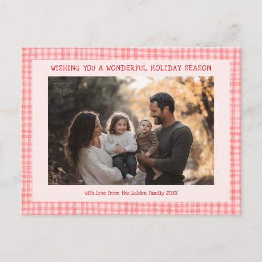 Chic Gingham Roze Rode Kerst Custom 3 Foto Feestdagenkaart (Voorkant)