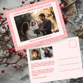 Chic Gingham Roze Rode Kerst Custom 3 Foto Feestdagenkaart