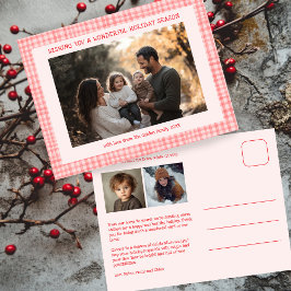 Chic Gingham Roze Rode Kerst Custom 3 Foto Feestdagenkaart