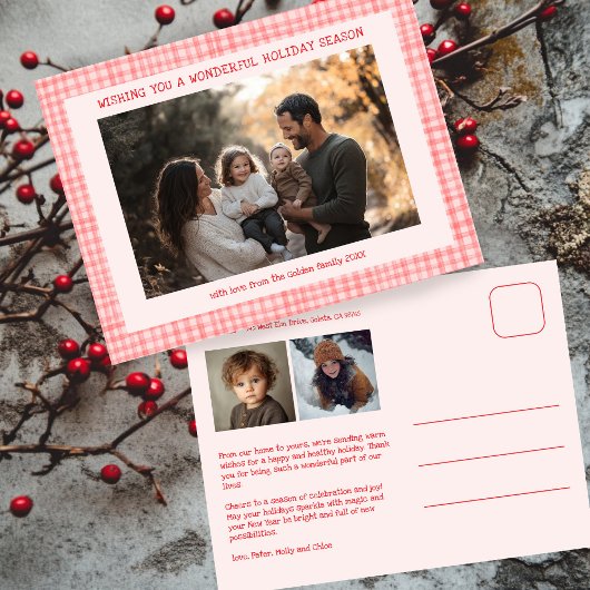 Chic Gingham Roze Rode Kerst Custom 3 Foto Feestdagenkaart