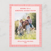 Chic Gingham Roze Rode Kerst Custom 3 Foto Feestdagenkaart (Voorkant)