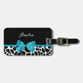 Chic Giraffe print Aqua Blue Ribbon Bow met naam Bagagelabel (Voorkant horizontaal)