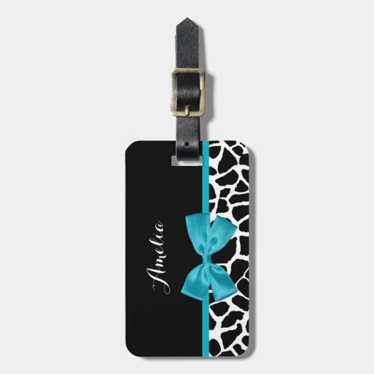 Chic Giraffe print Aqua Blue Ribbon Bow met naam Bagagelabel (Voorkant verticaal)