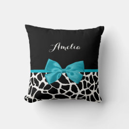 Chic Giraffe print Aqua Blue Ribbon Bow met naam Kussen