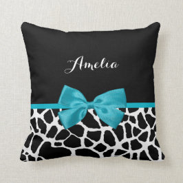 Chic Giraffe print Aqua Blue Ribbon Bow met naam Kussen