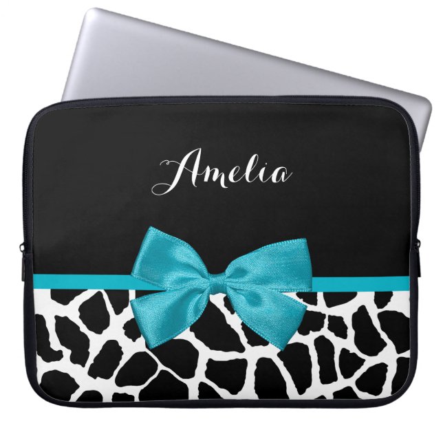 Chic Giraffe print Aqua Blue Ribbon Bow met naam Laptop Sleeve (Voorkant)