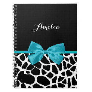 Chic Giraffe print Aqua Blue Ribbon Bow met naam Notitieboek