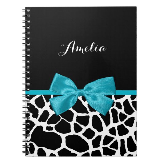 Chic Giraffe print Aqua Blue Ribbon Bow met naam Notitieboek (Voorkant)