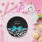 Chic Giraffe print Aqua Blue Ribbon Bow met naam Papieren Bordje (Feest)