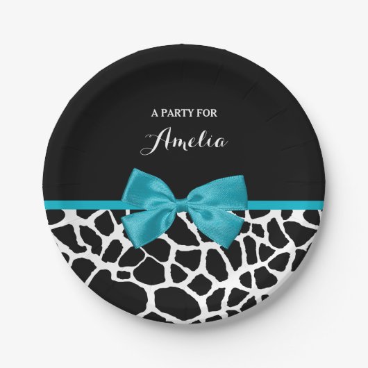 Chic Giraffe print Aqua Blue Ribbon Bow met naam Papieren Bordje (Voorkant)