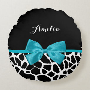 Chic Giraffe print Aqua Blue Ribbon Bow met naam Rond Kussen