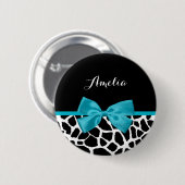Chic Giraffe print Aqua Blue Ribbon Bow met naam Ronde Button 5,7 Cm (Voorkant /achterkant)
