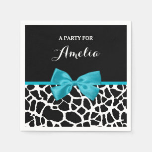 Chic Giraffe print Aqua Blue Ribbon Bow met naam Servetten