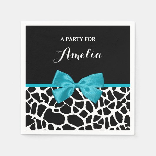 Chic Giraffe print Aqua Blue Ribbon Bow met naam Servetten (Voorkant)