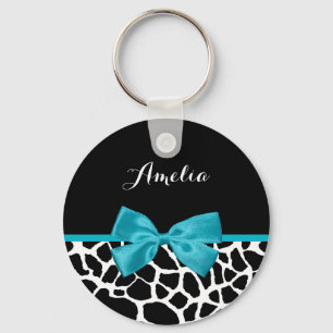 Chic Giraffe print Aqua Blue Ribbon Bow met naam Sleutelhanger