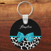 Chic Giraffe print Aqua Blue Ribbon Bow met naam Sleutelhanger (Voorkant)