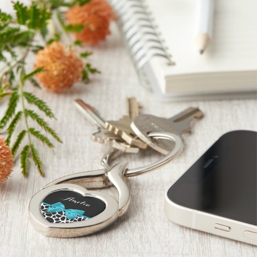 Chic Giraffe print Aqua Blue Ribbon Bow met naam Sleutelhanger (Zijkant)