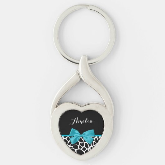 Chic Giraffe print Aqua Blue Ribbon Bow met naam Sleutelhanger (Voorkant)