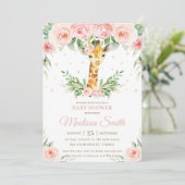 Chic Giraffe Safari Roze Blush Bloemen Baby shower Kaart (Staand voorkant)