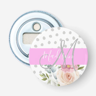 Chic & Girlachtig Bloemmotief Wit Roze Grijs Monog Button Flesopener