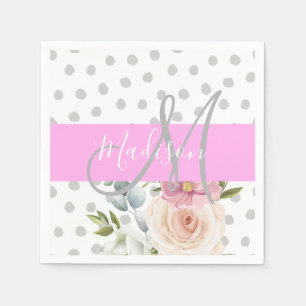 Chic & Girlachtig Bloemmotief Wit Roze Grijs Monog Servet
