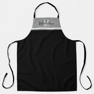 Chic Girly Black Silver Glitter Monogram Naam Schort