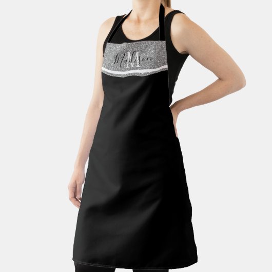 Chic Girly Black Silver Glitter Monogram Naam Schort (Insitu)