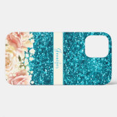 Chic Girly Blue Glitter Floral Name Design Case-Mate iPhone Case (Achterkant (horizontaal))