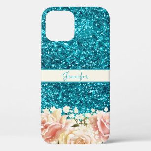Chic Girly Blue Glitter Floral Name Design Case-Mate iPhone Case
