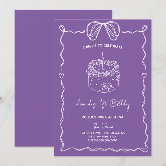 Chic Girly Bow Cake Eerste Verjaardag Uitnodiging (Voorkant / Achterkant)