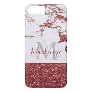 Chic Girly Burgundy Pink Glitter Marble Monogram iPhone 8/7 Plus Hoesje