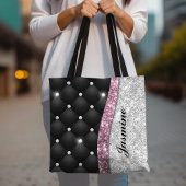 Chic girly faux Silver glitter black pink monogram Tote Bag