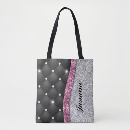 Chic girly faux Silver glitter black pink monogram Tote Bag (Voorkant)