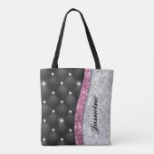 Chic girly faux Silver glitter black pink monogram Tote Bag (Achterkant)
