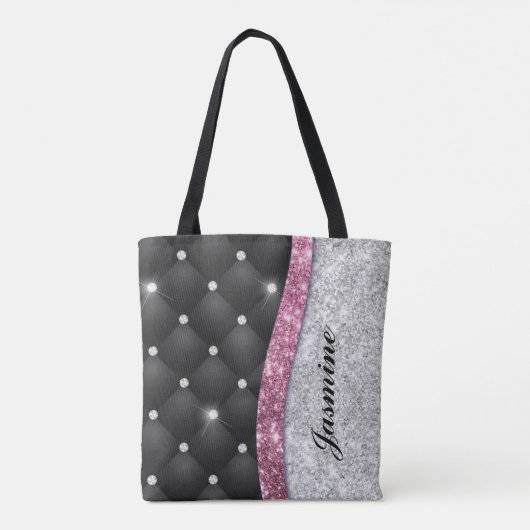 Chic girly faux Silver glitter black pink monogram Tote Bag (Achterkant)