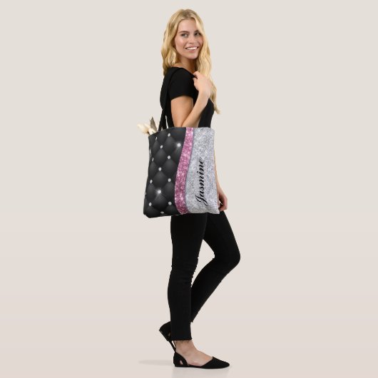 Chic girly faux Silver glitter black pink monogram Tote Bag (Op model)