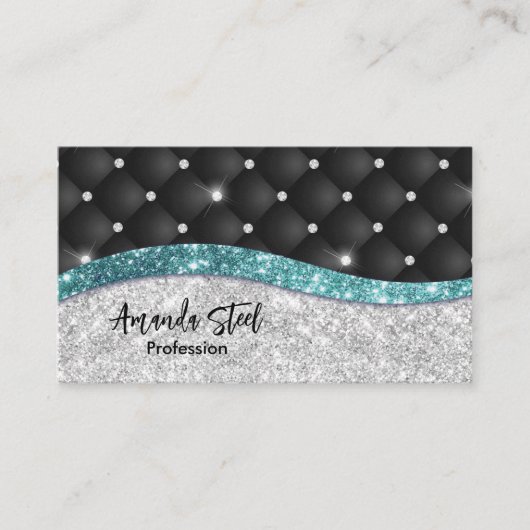 Chic girly faux Silver glitter blauwgroen monogram Afsprakenkaartje (Voorkant)